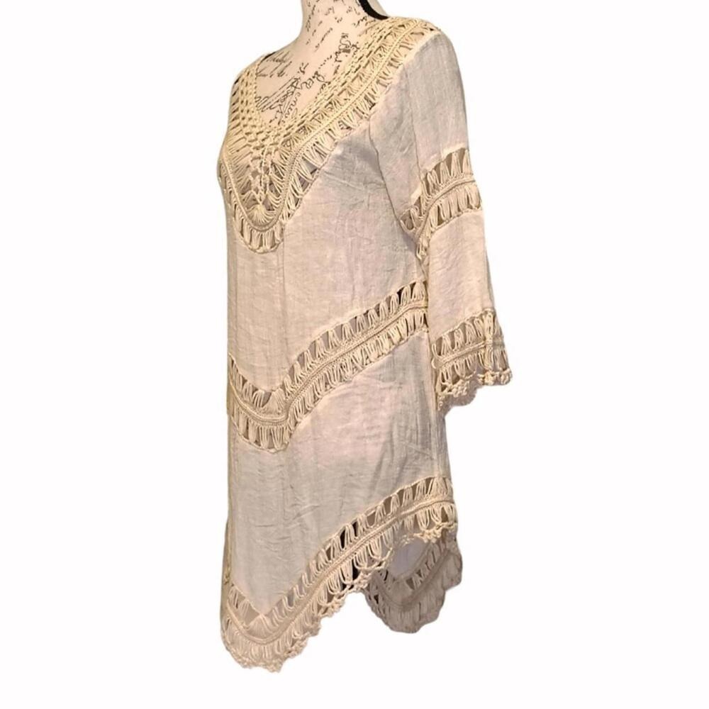 Boho Crochet Womens Tunic Top Swim Suit Cover Medium Asymmetrical 70s Coastal - Picture 4 of 6